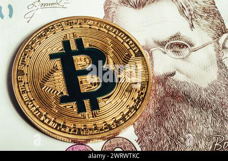 Foto einer goldenen Bitcoin-Münze, die auf einer ukrainischen 1000-Hrivna-Banknote liegt. Stockfoto