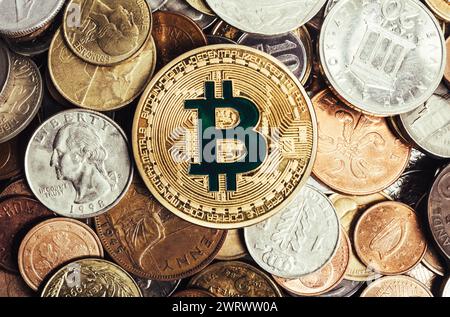 Foto einer goldenen Bitcoin-Münze, die von Weltmünzen oder Kleingeld umgeben ist. Stockfoto