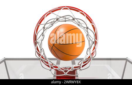 Blick von unten auf einen Basketball, der durch ein Netz vor einem sauberen weißen Hintergrund schwebt. 3D-Rendering Stockfoto