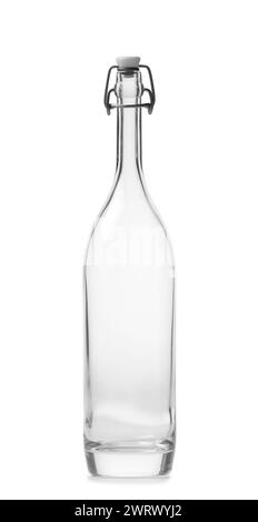 Leere transparente Glasflasche von schöner ungewöhnlicher Form mit Scharnierverschluss, isoliert auf weißem Hintergrund. Glaswaren. Stockfoto