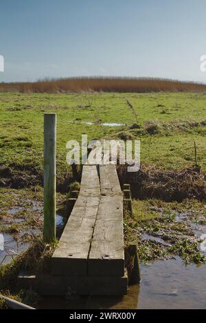 Rustikale Holzplank Boardwalk Bridge aus Eisenbahnschwellen über Einen Marsh, Priory Marsh, Stanpit Marsh UK Stockfoto