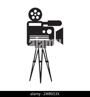 Das Symbol für das Kamerastativ steht auf einer speziellen Vorderansicht, alt und neu, schwarz weiß. Video-Vektor-Illustration, Cinema Camera-Symbol. Stock Vektor