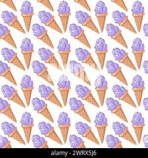 Lavendeleis. Drei Kugeln cremig süßes Dessert in einem Waffelkegel. Violettes Sorbet. Nahtloses Muster. Vektorabbildung. Stock Vektor