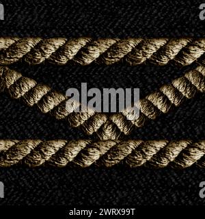 Nahtloses Strukturfoto mit goldenem Seilermuster auf schwarzem Stoffhintergrund. Stockfoto