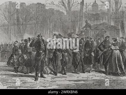 Deutsch-Französischer Krieg (1870–1871). Frankreich. Abgang des 10. Regiments der Nationalgarde in die Außenposten. Stich von Trichon. Historia de la Guerra de Francia y Prusia (Geschichte des Krieges zwischen Frankreich und Preußen). Band II Veröffentlicht in Barcelona, 1871. Stockfoto