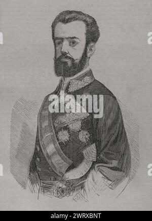 Amadeo I von Spanien (1845-1890). König von Spanien vom 2. Januar 1871 bis 11. Februar 1873. Erster Herzog von Aosta. Hochformat. Gravur. Historia de la Guerra de Francia y Prusia (Geschichte des Krieges zwischen Frankreich und Preußen). Band II Veröffentlicht in Barcelona, 1871. Stockfoto