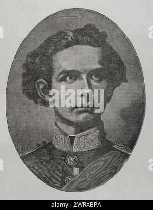 Ludwig II. Von Bayern (1845-1886). König von Bayern (1864-1886). Hochformat. Gravur. Historia de la Guerra de Francia y Prusia (Geschichte des Krieges zwischen Frankreich und Preußen). Band II Veröffentlicht in Barcelona, 1871. Stockfoto