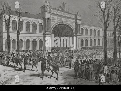 Deutsch-Französischer Krieg (1870–1871). Am 1. März 1871 drang die preußische Armee symbolisch in Paris ein, obwohl die Truppen später die Stadt verließen. Parade deutscher Truppen auf den Champs Elysées. Zeichnung von Miranda. Stich von Laporta. Historia de la Guerra de Francia y Prusia (Geschichte des Krieges zwischen Frankreich und Preußen). Band II Veröffentlicht in Barcelona, 1871. Stockfoto