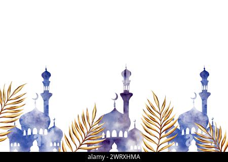 Aquarellbanner mit islamisch-arabischen Illustrationen, goldene Dattelpalme, Silhouette der islamischen Moschee und Minarett isoliert auf weißem Hintergrund. Muslimisch Stockfoto