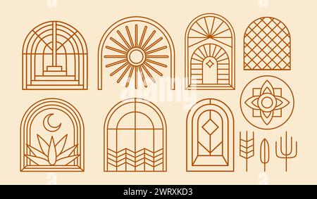 Böhmische Fenster und Türen. Böhmische geometrische Zeichen und Symbole. Lineargewölbe, konturiertes Logo im Boho-Stil. Abstrakte Designelemente. Vektorillustraten Stock Vektor