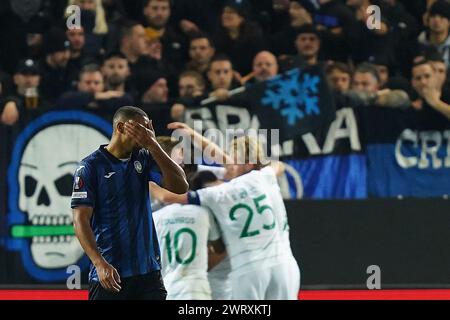 Bergamo, Italien. März 2024. Sporting Pedro Goncalves feiert, nachdem er am Donnerstag, den 14. März 2024, im Gewiss-Stadion in Bergamo (Italien) beim Fußball-Spiel der UEFA Europa League zwischen Atalanta BC und Sporting Lisboa für die 0-1 Torschützenkönig erzielt hat. Sport - Fußball . (Foto: Spada/LaPresse) Credit: LaPresse/Alamy Live News Stockfoto