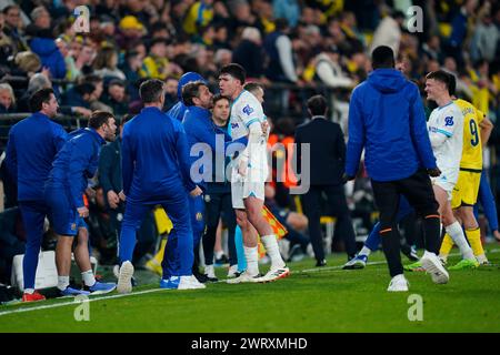 Villarreal, Spanien. März 2024. Leonardo Balerdi von Olympique Marseille feiert das Tor beim Achtelfinale zwischen Villarreal CF und Olympique Marseille, das am 14. März 2024 im La Ceramica Stadion in Villarreal, Spanien, gespielt wurde. (Foto: Sergio Ruiz/PRESSINPHOTO) Credit: PRESSINPHOTO SPORTS AGENCY/Alamy Live News Stockfoto