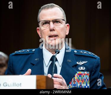 Washington, District of Columbia, USA. März 2024. General GREGORY GUILLOT, USAF, Commander, United States Northern Command, sprach bei einer Anhörung des Armed Services Committee des Senats im US Capitol. (Kreditbild: © Michael Brochstein/ZUMA Press Wire) NUR REDAKTIONELLE VERWENDUNG! Nicht für kommerzielle ZWECKE! Stockfoto