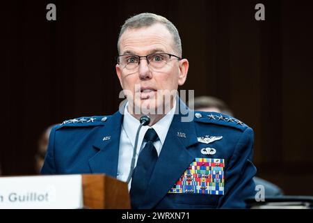 Washington, Usa. März 2024. General Gregory Guillot, USAF, Befehlshaber, United States Northern Command, sprach bei einer Anhörung des Senats Armed Services Committee im US Capitol. (Foto: Michael Brochstein/SIPA USA) Credit: SIPA USA/Alamy Live News Stockfoto