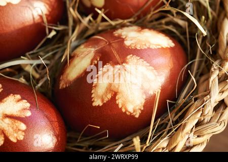 Braune Ostereier gefärbt mit Zwiebelschalen mit einem Muster von Blättern in einem Korb, Nahaufnahme Stockfoto