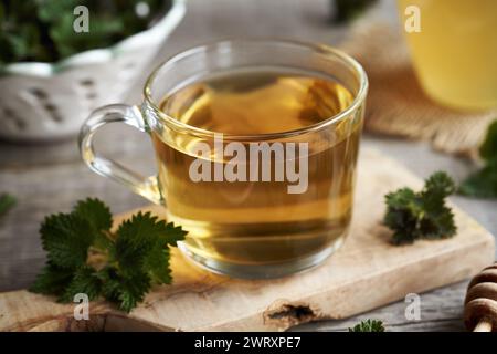 Brennnesseltee in einer Glasschale Stockfoto