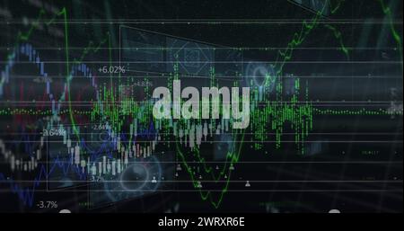 Abbildung von Personensymbolen, Diagrammen und Verarbeitungsdaten auf schwarzem Hintergrund Stockfoto
