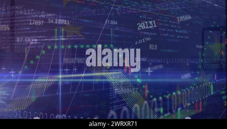 Abbildung von Diagrammen und Datenverarbeitung auf blauem Hintergrund Stockfoto