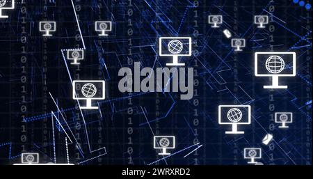 Bild von Symbolen mit Verbindungen und Datenverarbeitung über dunklem Hintergrund Stockfoto