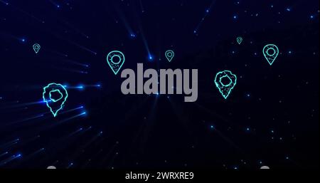 Bild der Positionssymbole mit Verbindungen und Datenverarbeitung über dunklem Hintergrund Stockfoto