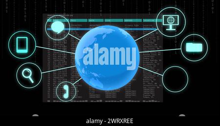 Bild des Globus mit Symbolen und Datenverarbeitung Stockfoto