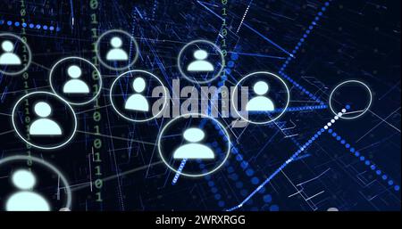 Bild von Symbolen mit Verbindungen und Datenverarbeitung über dunklem Hintergrund Stockfoto