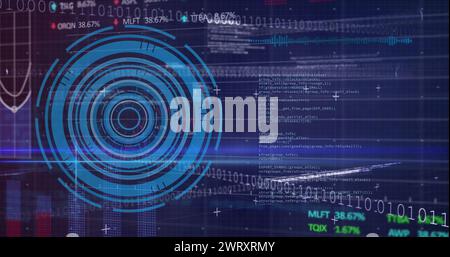 Abbildung von Diagramm, Kreisen, Handelstafel, Binärcodes und Computersprache auf blauem Hintergrund Stockfoto