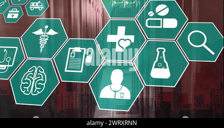 Abbildung mehrerer medizinischer Symbole im Computerserverraum Stockfoto