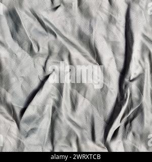 Nahtloses Strukturfoto aus grauem, zerknittertem, gestreiftem Satin-Vorhangmaterial. Stockfoto