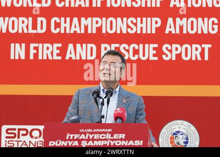 ISTANBUL, TURKIYE - 2. SEPTEMBER 2023: Bürgermeister von Istanbul Ekrem Imamoglu in Feuer- und Rettungssport-Weltmeisterschaft in Istanbul Stockfoto