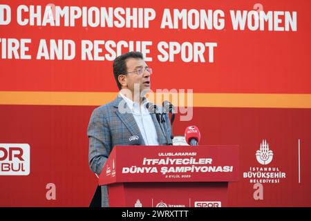 ISTANBUL, TURKIYE - 2. SEPTEMBER 2023: Bürgermeister von Istanbul Ekrem Imamoglu in Feuer- und Rettungssport-Weltmeisterschaft in Istanbul Stockfoto