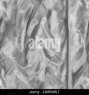 Nahtloses Texturfoto aus grauem, faltigem Seiden- oder Satin-Vorhangmaterial. Stockfoto