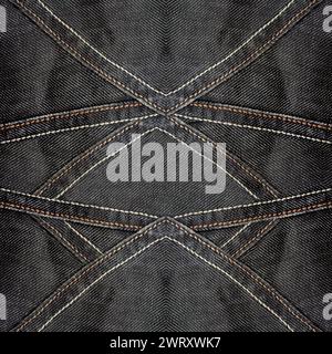 Nahtloses Strukturfoto aus dunkelgrauem und genähtem Denim- oder Jeansmaterial. Stockfoto