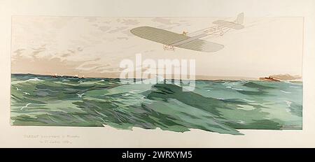 LOUIS BLÉRIOT (1872–1936) fliegt am 25. Juli 1909 in einem zeitgenössischen französischen Gemälde über den Ärmelkanal. Stockfoto
