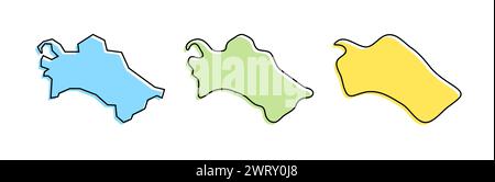 Türkmenistanisches Land schwarze Umrisse und farbige Land-Silhouetten in drei verschiedenen Ebenen der Glätte. Vereinfachte Karten. Vektorsymbole isoliert auf weißem Hintergrund. Stock Vektor