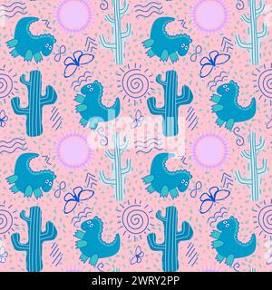 Nahtlose Dinosaurier-Tiere im Sommer, Kakteen und Sonnenmuster zum Einpacken von Papier, Stoffen und Bettwäsche Stockfoto