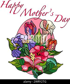 Grußkarte zum Happy Mothers Day mit Buntglasblumen. Vektorabbildung. Stock Vektor