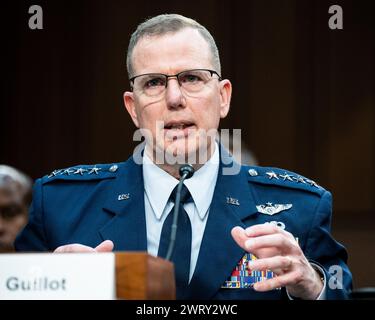 Washington, Usa. März 2024. General Gregory Guillot, USAF, Befehlshaber, United States Northern Command, sprach bei einer Anhörung des Senats Armed Services Committee im US Capitol. Quelle: SOPA Images Limited/Alamy Live News Stockfoto
