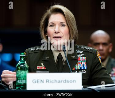 Washington, Usa. März 2024. General Laura Richardson, Kommandeur der USA, United States Southern Command, sprach bei einer Anhörung des Armed Services Committee des Senats im US Capitol. Quelle: SOPA Images Limited/Alamy Live News Stockfoto