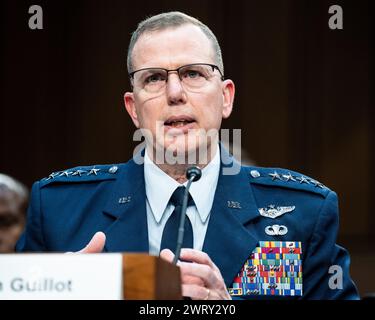 Washington, Usa. März 2024. General Gregory Guillot, USAF, Befehlshaber, United States Northern Command, sprach bei einer Anhörung des Senats Armed Services Committee im US Capitol. Quelle: SOPA Images Limited/Alamy Live News Stockfoto