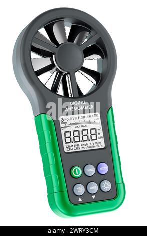 Digitales Anemometer, 3D-Rendering isoliert auf weißem Hintergrund Stockfoto