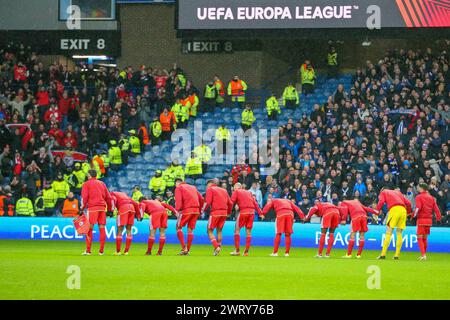 Glasgow, Großbritannien. März 2024. Die Rangers FC spielen beim zweiten Spiel gegen Benfica FC auf ihrem Heimstadion, dem Ibrox Stadium. Im vorherigen Spiel auf dem Heimspielplatz von Benfica in Lissabon, Portugal, war das Ergebnis 2:2. Der Gewinner dieses Spiels geht in die nächste Runde und die letzten 8 im Wettbewerb. Quelle: Findlay/Alamy Live News Stockfoto