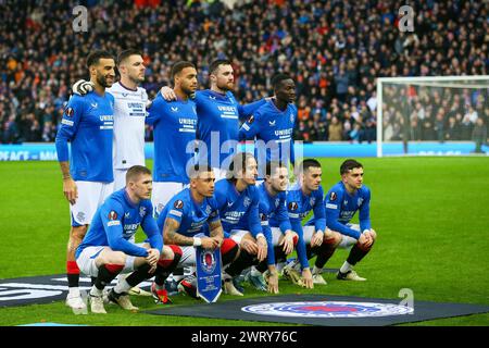 Glasgow, Großbritannien. März 2024. Die Rangers FC spielen beim zweiten Spiel gegen Benfica FC auf ihrem Heimstadion, dem Ibrox Stadium. Im vorherigen Spiel auf dem Heimspielplatz von Benfica in Lissabon, Portugal, war das Ergebnis 2:2. Der Gewinner dieses Spiels geht in die nächste Runde und die letzten 8 im Wettbewerb. Quelle: Findlay/Alamy Live News Stockfoto