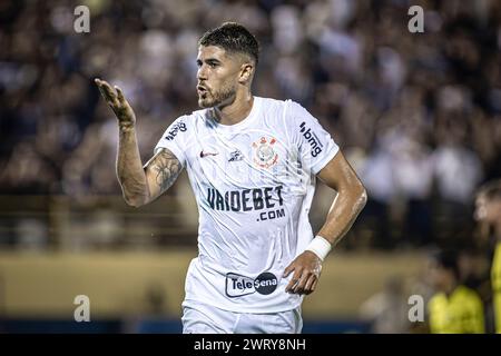 Sao Paulo, Brasilien. März 2024. Pedro Raul von Corinthians feiert, nachdem er während des Copa do Brasil (brasilianischer Pokal) Fußballspiels zwischen São Bernardo und Corinthians im Estádio 1. Maio in Sao Paulo, Brasilien (Danilo Fernandes/SPP) ein Tor geschossen hat. /Alamy Live News Stockfoto