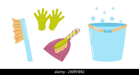 Reinigungsservice-Verbrauchsmaterial und Reinigungsproduktsatz. Bürstenhandschuhe und Kehrschaufel. Chemikalien und Geräte für die Sanitärbehandlung. Für Plakatreinigungsunternehmen, Haushaltschemikalienlager. Vektor. Stock Vektor