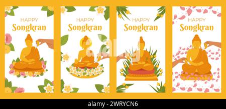 Songkran, Buddha Wasserzeremonie. Die Mönchsskulptur mit Wasser von Hand gießen. Thailand Neujahr. Vector vertikale Vorlage für Geschichten in sozialen Medien in Flat Stock Vektor