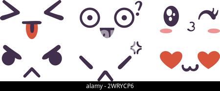 Kawaii-Gesichts, das Emotionen und Stimmungen ausdrückt. Flache handgezeichnete Vektor-Illustrationen im Comic-Manga- oder Anime-Stil. Stock Vektor