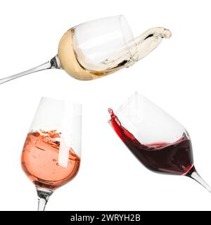 Verschiedene Weinsorten, die in Gläsern auf weißem Hintergrund spritzen Stockfoto