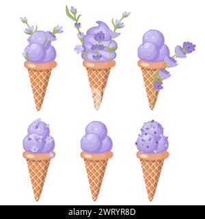 Ein Set Lavendeleis in Waffelkegeln. Violettes Sorbet. Vektorillustration auf weißem Hintergrund. Stock Vektor