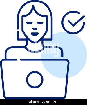 Frau am Laptop und Häkchen. Mitarbeiterleistung und Produktivität bei digitalen Aufgaben. Pixelperfekter, bearbeitbarer Kontur Stock Vektor